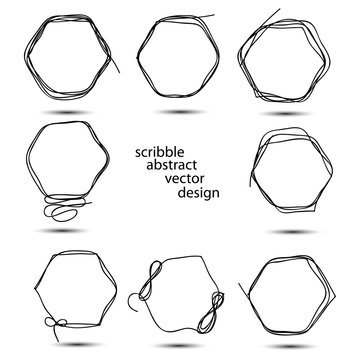 Set of hand drawn scribble hexagons. Collection of abstract polygonal frames in doddles style. Hexagonal design element. Continuous line. Vector. Isolated on white background.