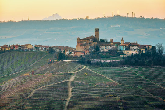 Sunset over the Langhe vineyards. Color image
