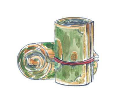 Two rolls of cash money painted in watercolor on clean white background