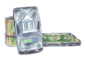 Smartphone with online payment processing screen and dollar bills. Online banking illustration painted in watercolor on clean white background