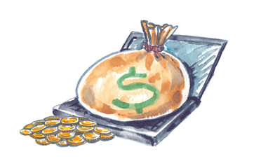 Bag of gold on an open laptop. Online business illustration painted in watercolor on clean white background