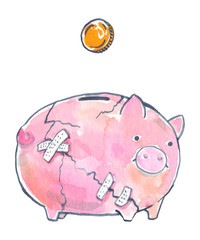Piggy bank glued back together - second attempt on saving money after spending it all. Finance illustration painted in watercolor on clean white background
