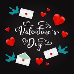 Valentine's day, holiday objects on black background. Vector illustration. Hearts, birds, letters envelopes