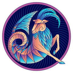 Capricorn zodiac sign, astrological, horoscope symbol. Futuristic style icon. Stylized graphic blue fantastic animal, deity of ancient Greece. Sea goat with fish tail, beard and big horns. Vector art