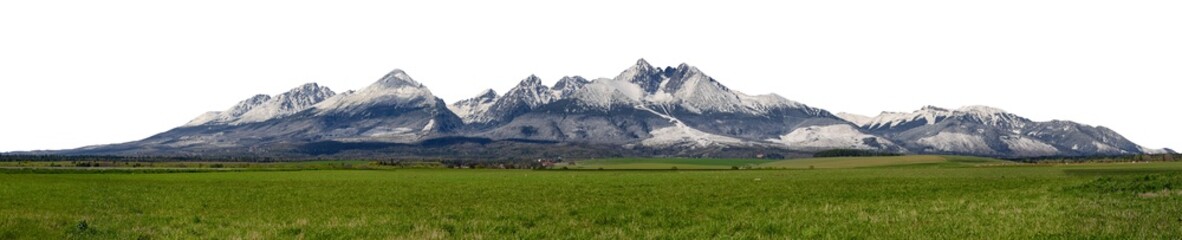 Fototapeta premium Extra wide panorama of High Tatra, mountains during April with snowy hills Vysoke Tatry, separated, without sky
