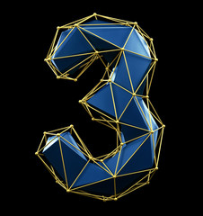 Low poly style number 3. Blue and gold color isolated on black background. 3d