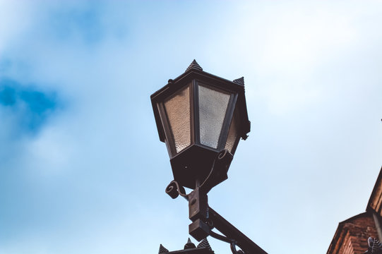 Street lamp in the Town Hall Square, the old center of Riga, Latvia. October 25, 2018.