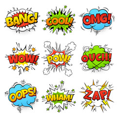 Comic words. Cartoon speech bubble with zap pow wtf boom text. Comics pop art balloons vector set - obrazy, fototapety, plakaty