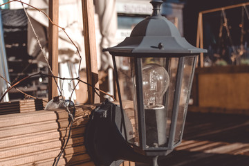 Old-fashioned lamppost in The Town Hall Square, the old center of Riga, Latvia. October 25, 2018.
