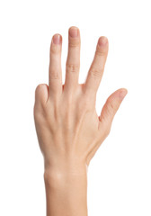 Woman showing hand on white background, closeup