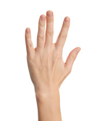 Fototapeta premium Woman showing hand on white background, closeup