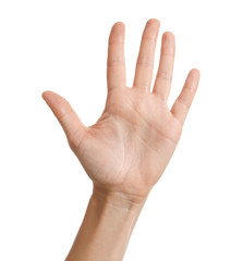 Woman showing hand on white background, closeup