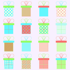 Set of present or gift boxes. Vector icons. Bright colors. Celebration concept. Seamless pattern