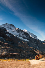 Panoramic view of rock cliff, Jungfrau peak view from Kleine Scheidegg station, Switzerland