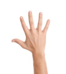 Man showing hand on white background, closeup