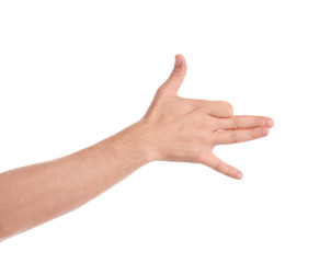 Man showing gesture for shadow play on white background, closeup of hand