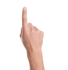 Man pointing at something on white background, closeup of hand