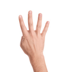 Man showing four fingers on white background, closeup of hand