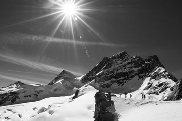 Panoramic view of rock cliff of Jungfrau peak view from Jungfraujoch, Switzerland