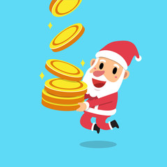 Vector cartoon christmas santa claus with big money coins stack for design.