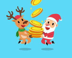Vector cartoon christmas santa claus and reindeer with big money coins stack for design.