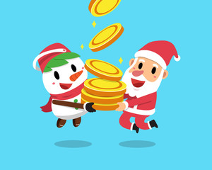 Vector cartoon christmas santa claus and snowman with big money coins stack for design.