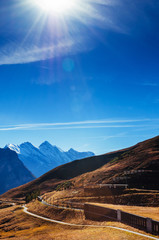 Panoramic view of deep valley near Kleine Scheidegg Hiking trail, Jungfrau region, Switzerland