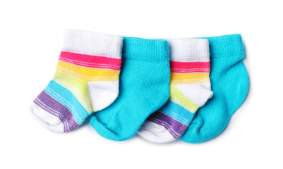 Cute child socks on white background, top view