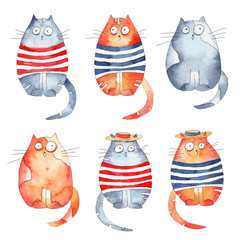 Naklejka premium Set of colorful watercolor cute cats illustrations isolated on w