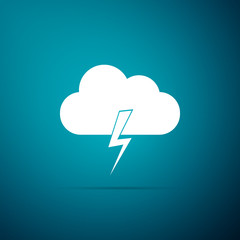 Storm icon isolated on blue background. Cloud and lightning sign. Weather icon of storm. Flat design. Vector Illustration