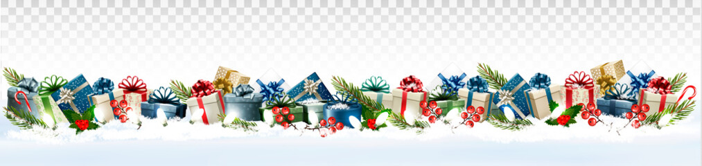 Holiday Christmas panorama with colorful gift boxes and Santa Hat on transparent background. Vector.