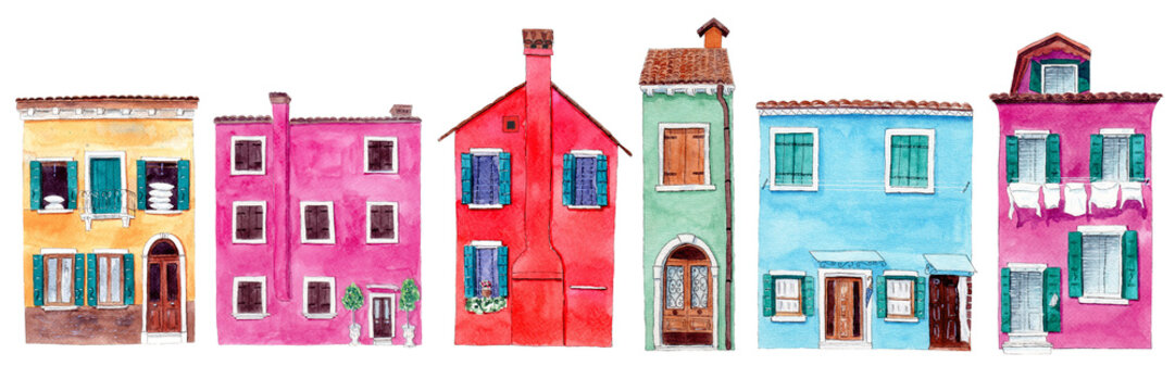 Set of watercolor colorful illustration of a houses from Burano