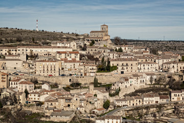 Fototapeta na wymiar Panoramic of Sepulveda, historic town. Houses built on stone. Province of Segovia, Spain