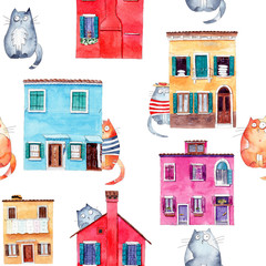 Seamless pattern with bright hand painted watercolor cute cats and houses.