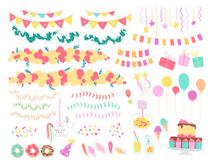 Fototapeta na wymiar Vector collection of flat decor elements for kids birthday party - balloons, garlands, gift box, candy, pinata, bd cake etc. Flat hand drawn style. Good for cards, patterns, tags, banners etc.