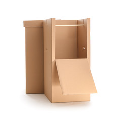 Empty cardboard wardrobe boxes on white background