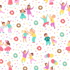Vector seamless pattern for children birthday party. Flat hand drawn style. Happy kid characters, donuts, confetti isolated on white background. Good for cards, packaging gifts paper, banner etc.