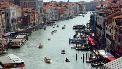 Italy Venice with many boats on the Grand canal seen from above