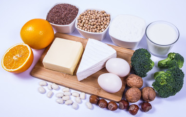 Food products containing a large amount of calcium isolated on white background.