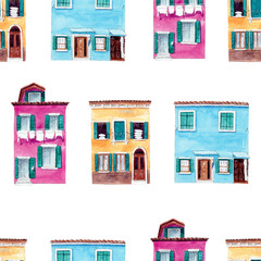 Seamless pattern with bright hand painted watercolor cute houses.