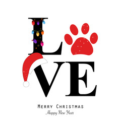 Love text with paw print and colorful light bulb. Happy new year and merry christmas greeting card © Gulsen Gunel