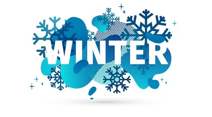 Horizontal Design winter template banner with abstract geometric shape background. Cold blue style layout for season offer or sale with snowflake and fluid graphic dynamic decoration backdrop. Vector