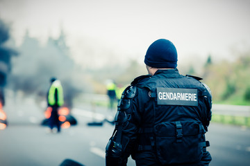 Gendarme vu de dos lors d'une manifestation avec feu de pneus