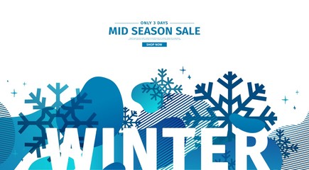 Obraz premium Abstract geometric design for winter. Christmas offer banner with vector liquid form and decor of snowflakes and sparkles. Blue creative template mid season sale graphic with fluid dynamic shape.