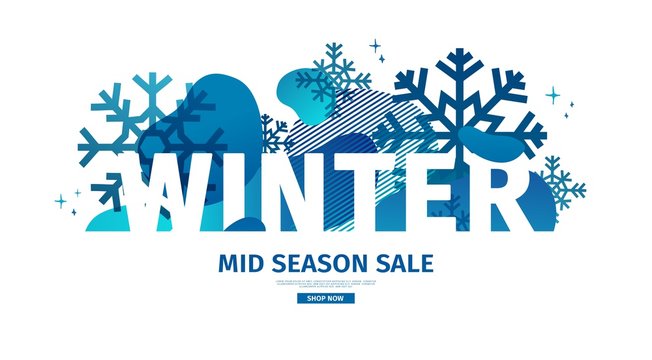 Abstract geometric design for winter. Christmas offer banner with vector liquid form and decor of snowflakes and sparkles. Blue creative template mid season sale graphic with fluid dynamic shape.