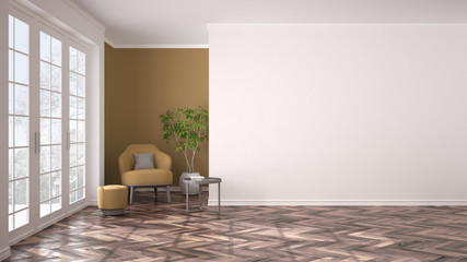 Empty white and orange interior with big panoramic window, armchair, pouf, table and plant. Herringbone parquet floor, classic contemporary design, concept idea, copy space background