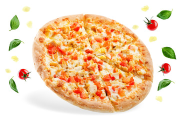 Pizza with cheese, chicken and fresh tomato slices