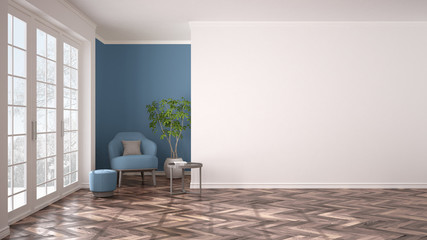 Empty white and blue interior with big panoramic window, armchair, pouf, table and plant. Herringbone parquet floor, classic contemporary design, concept idea, copy space background