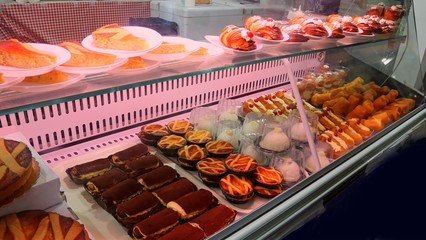 showcase with many pastas with ricotta and custard typical of so