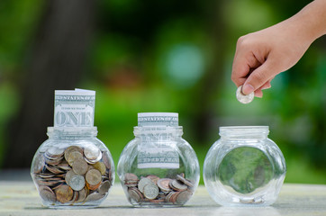 Coin tree Glass Jar Plant growing from coins outside the glass jar money saving and investment financial concept